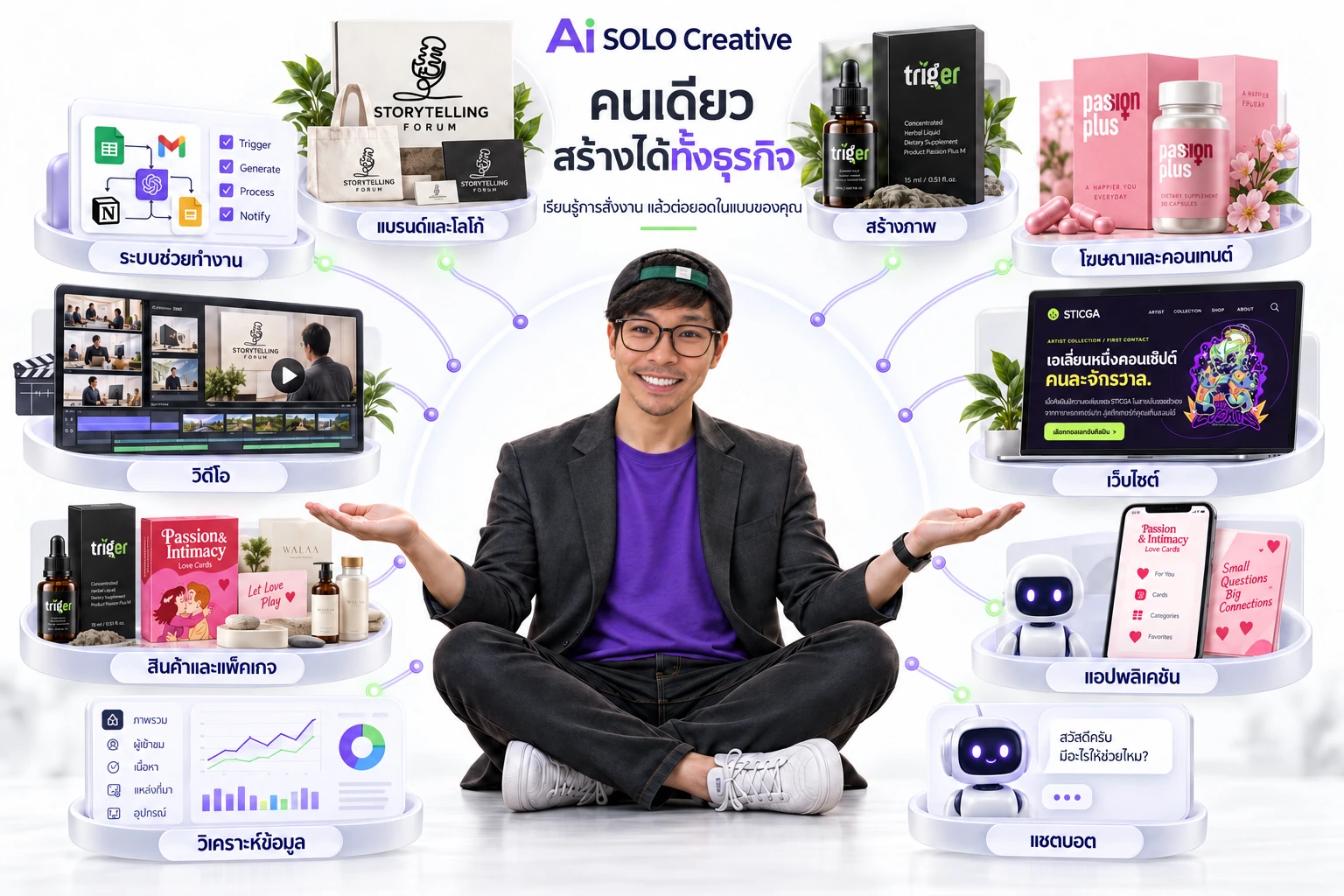 อาจารย์กอร่านั่งกางมือท่ามกลางผลงาน Storytelling Forum, Passion Plus, Trigger, Love Cards, WALAA และ STICGA เชื่อมภาพรวมงานแบรนด์ ภาพ เว็บไซต์ แอป วิดีโอ แชตบอตและข้อมูล