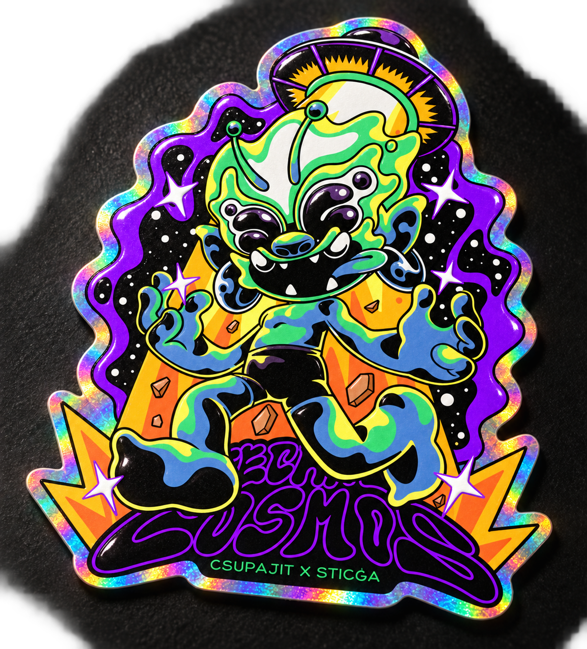 Artist sticker mockup with matte CMYK, raised white ink, selective gloss and holographic edges